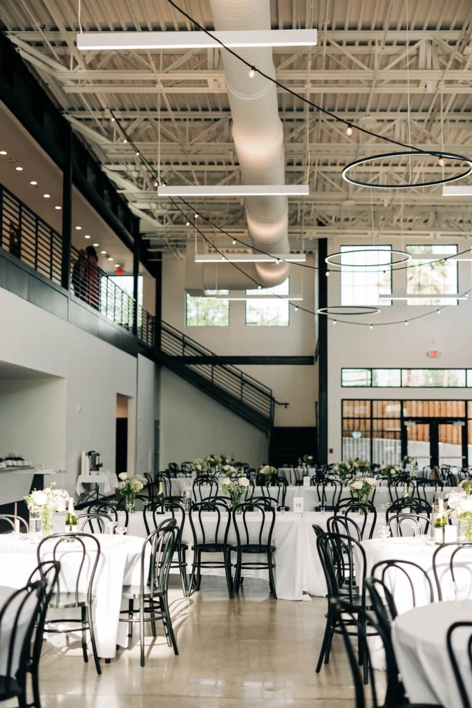Tables and chairs inside the Skyline's event space